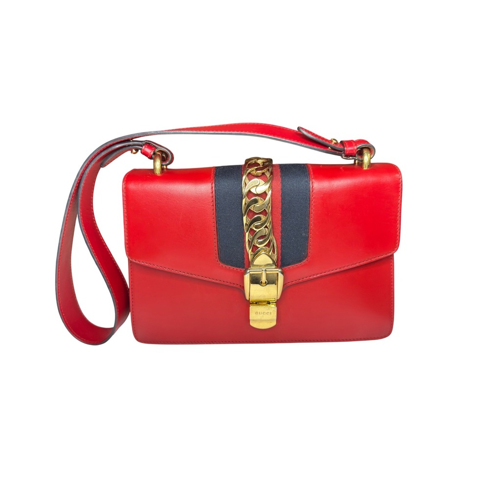 Gucci Sylvie Red Leather Web Stripe Gold Chain Shoulder Bag 421882